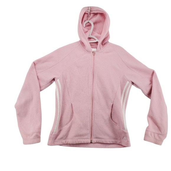 Adidas Shirt Women's L/S Full Zip Hooded Sweatshirt Three Stripe Fleece Pink Sm - Picture 1 of 12